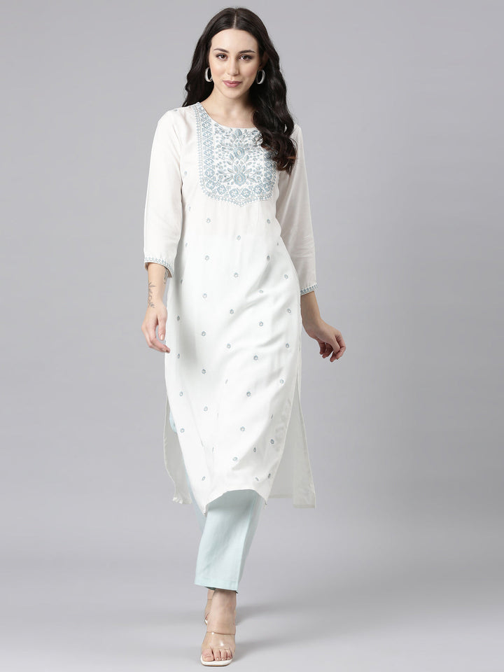 Neerus Grey viscose rayon embellished straight kurta - detail view 2