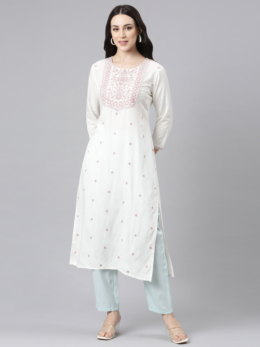 Neerus Pink rayon embellished straight kurta - front view