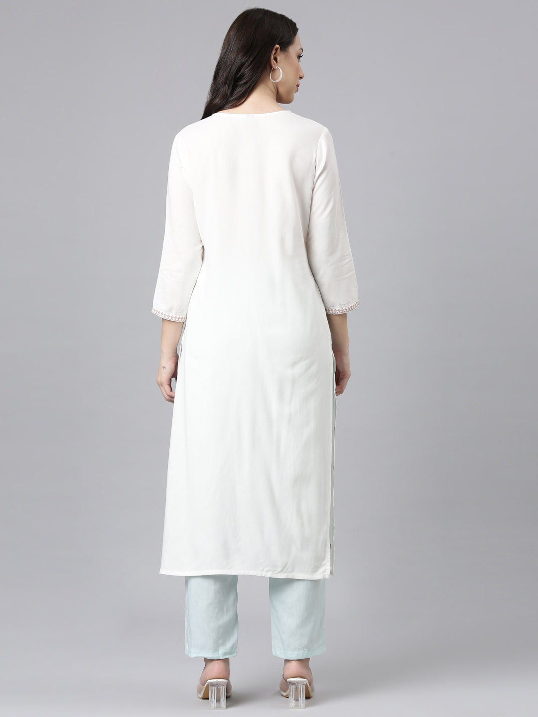Neerus Pink rayon embellished straight kurta - side view