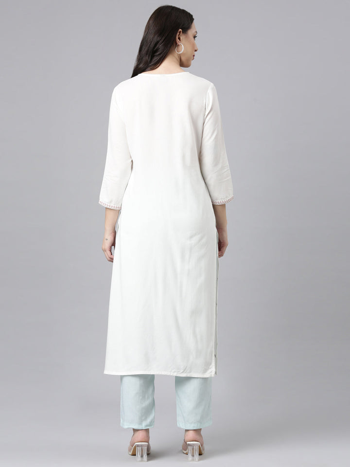 Neerus Pink rayon embellished straight kurta - side view