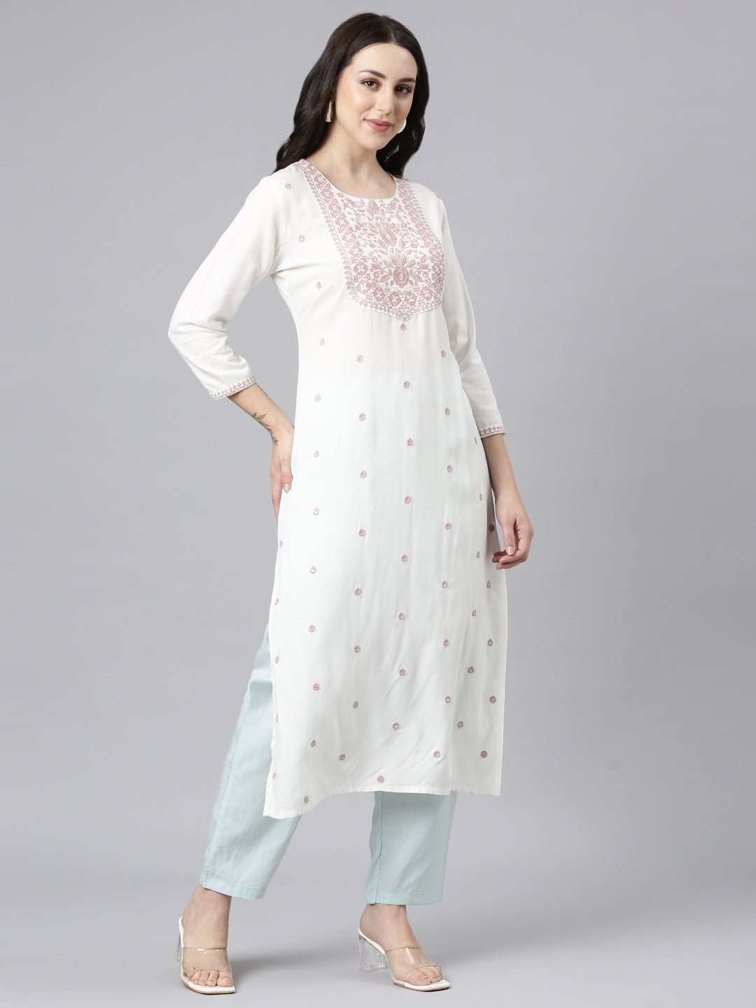 Neerus Pink rayon embellished straight kurta - detail view 2