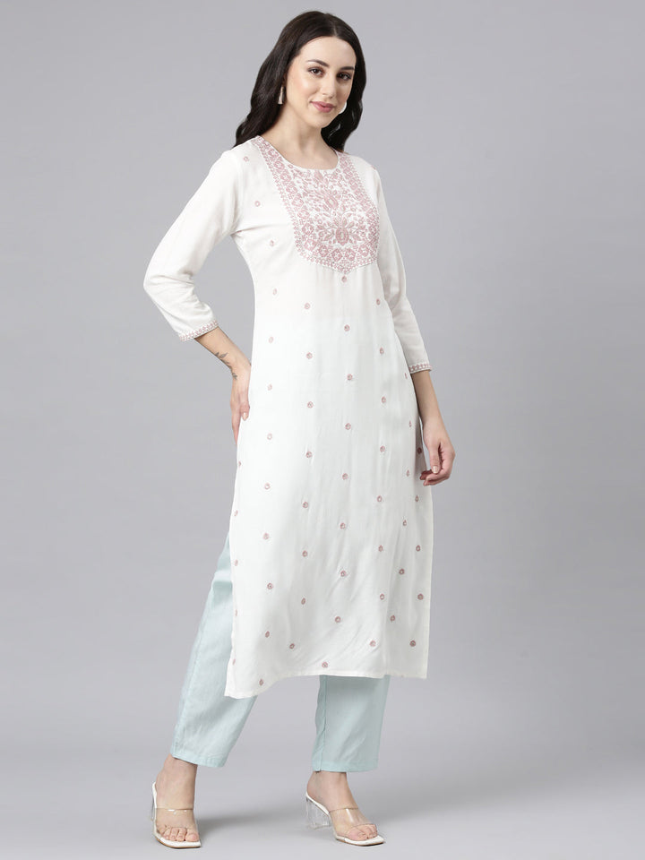 Neerus Pink rayon embellished straight kurta - detail view 2