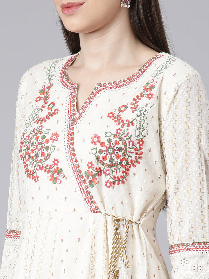 Neerus Cream Embroidered Anarkali Kurta and Trousers With Dupatta