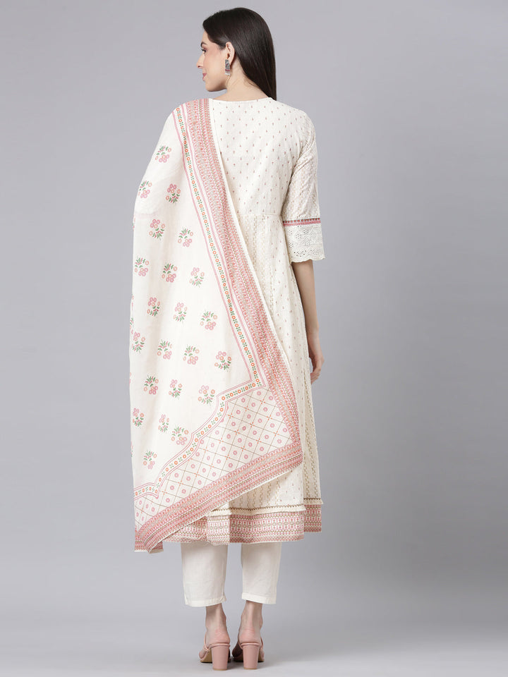 Neerus Cream Embroidered Anarkali Kurta and Trousers With Dupatta