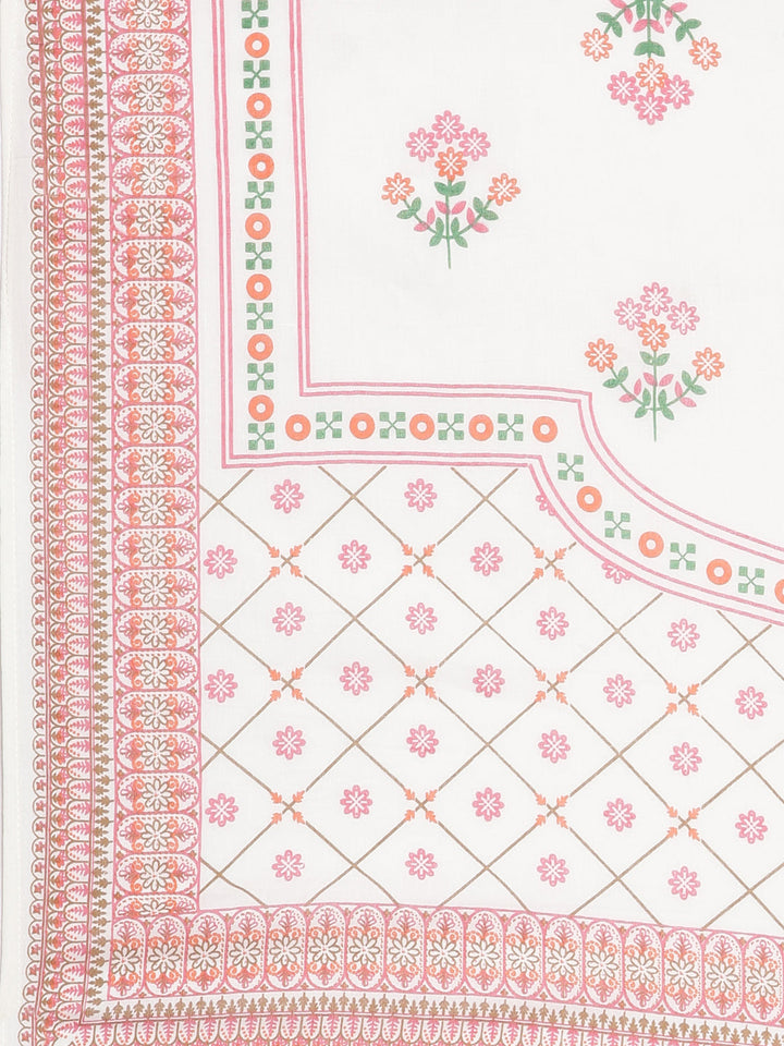 Neerus Cream Embroidered Anarkali Kurta and Trousers With Dupatta