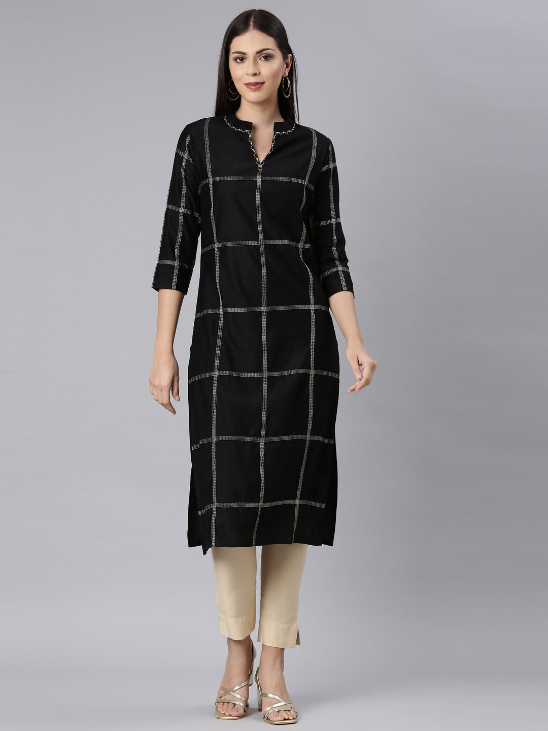 Neerus Black cotton solid straight kurta - front view