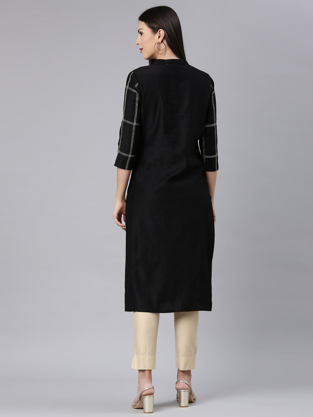 Neerus Black cotton solid straight kurta - detail view 1