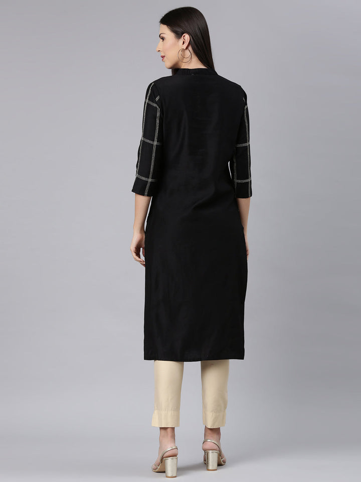 Neerus Black cotton solid straight kurta - detail view 1