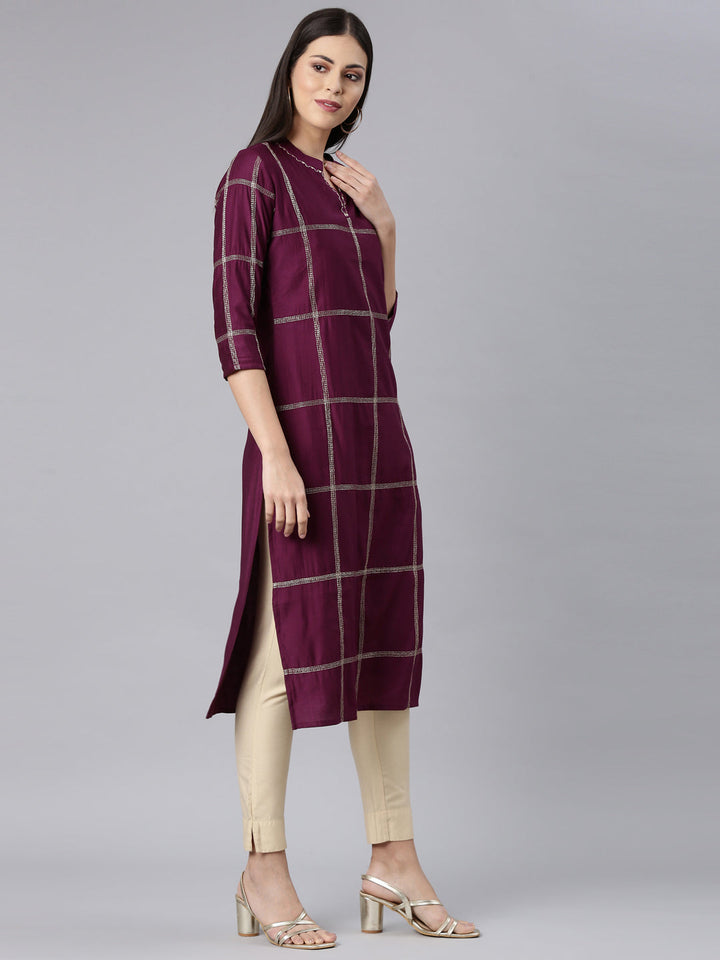 Neerus Maroon cotton solid straight kurta - side view