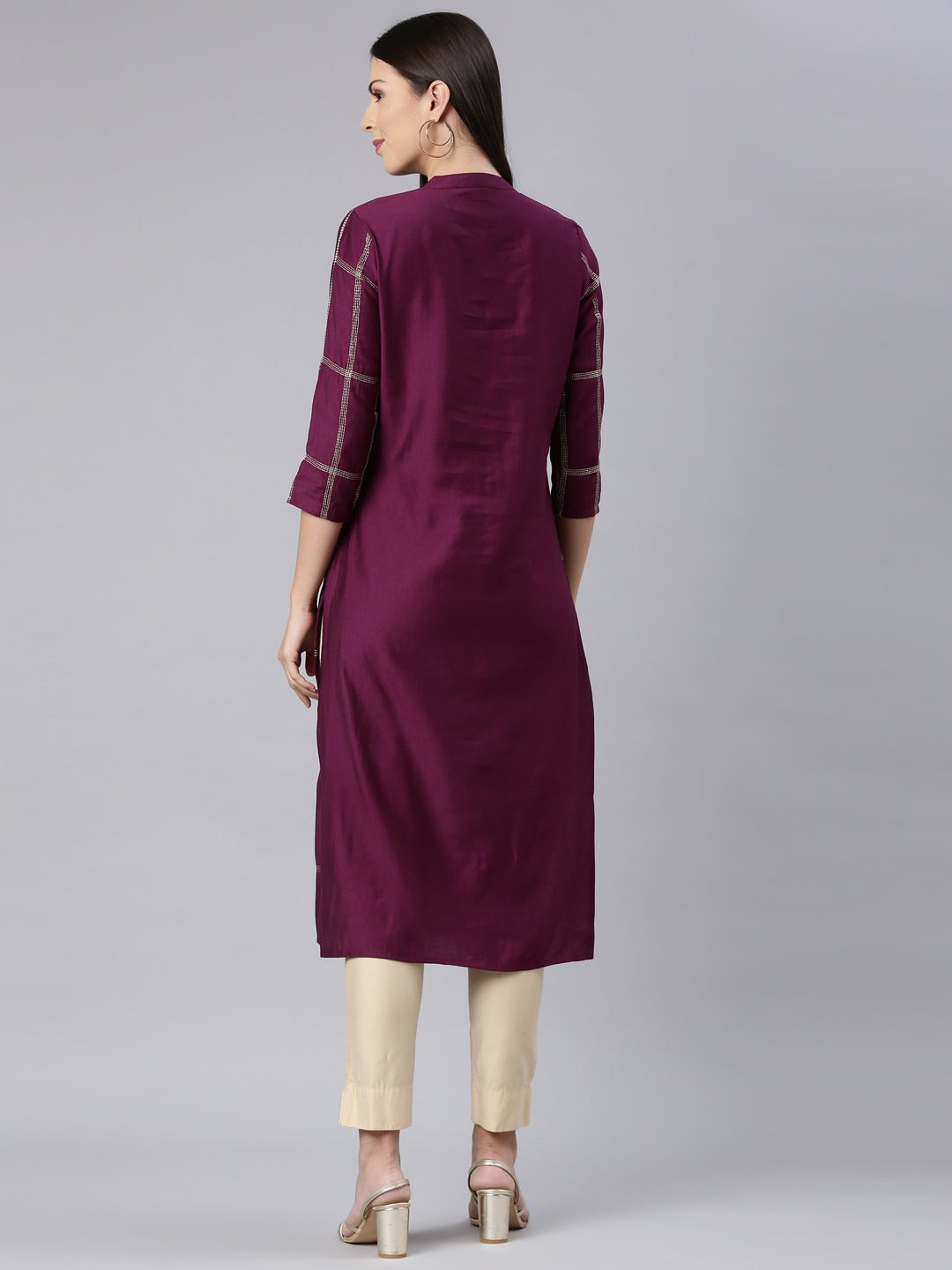 Neerus Maroon cotton solid straight kurta - detail view 1