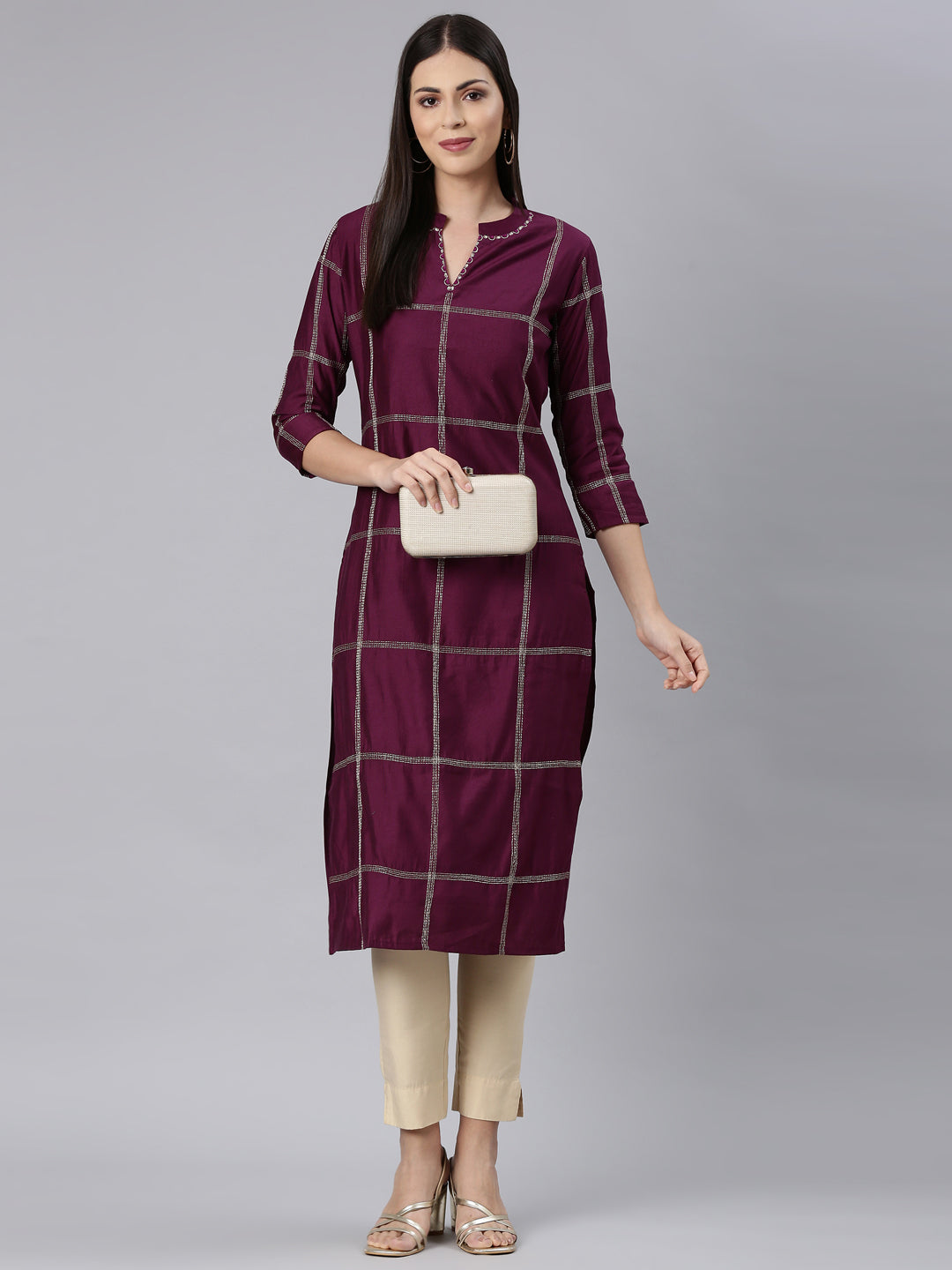 Neerus Maroon cotton solid straight kurta - detail view 3