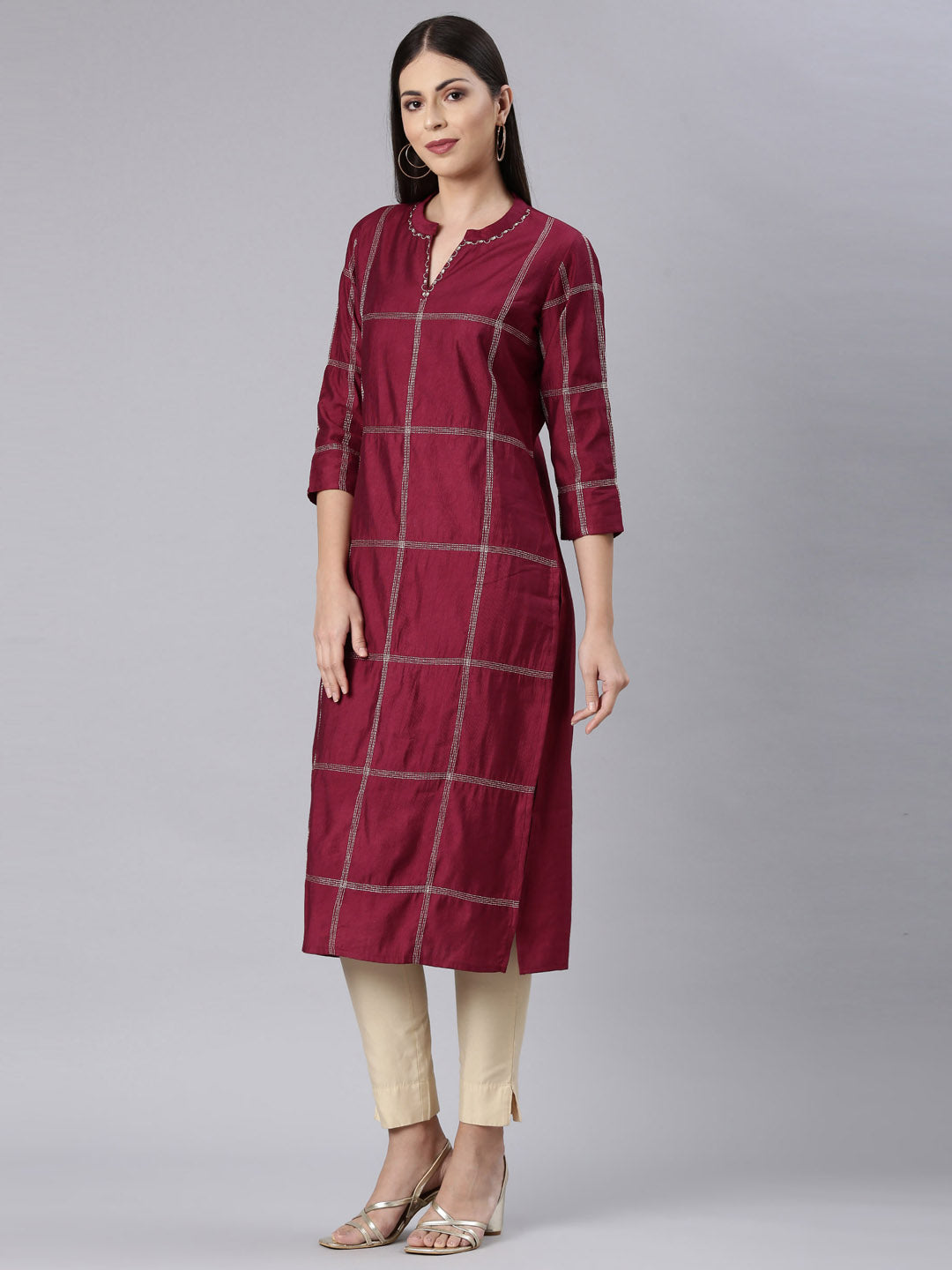 Neerus Maroon cotton solid straight kurti - back view