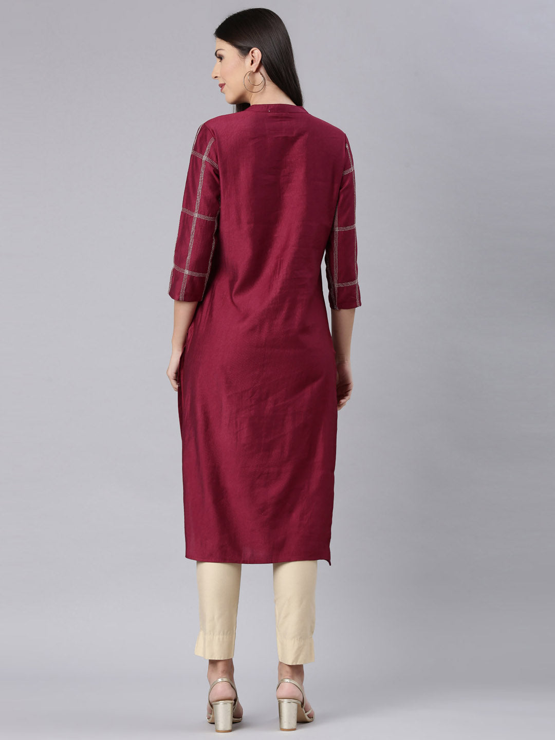 Neerus Maroon cotton solid straight kurti - detail view 1