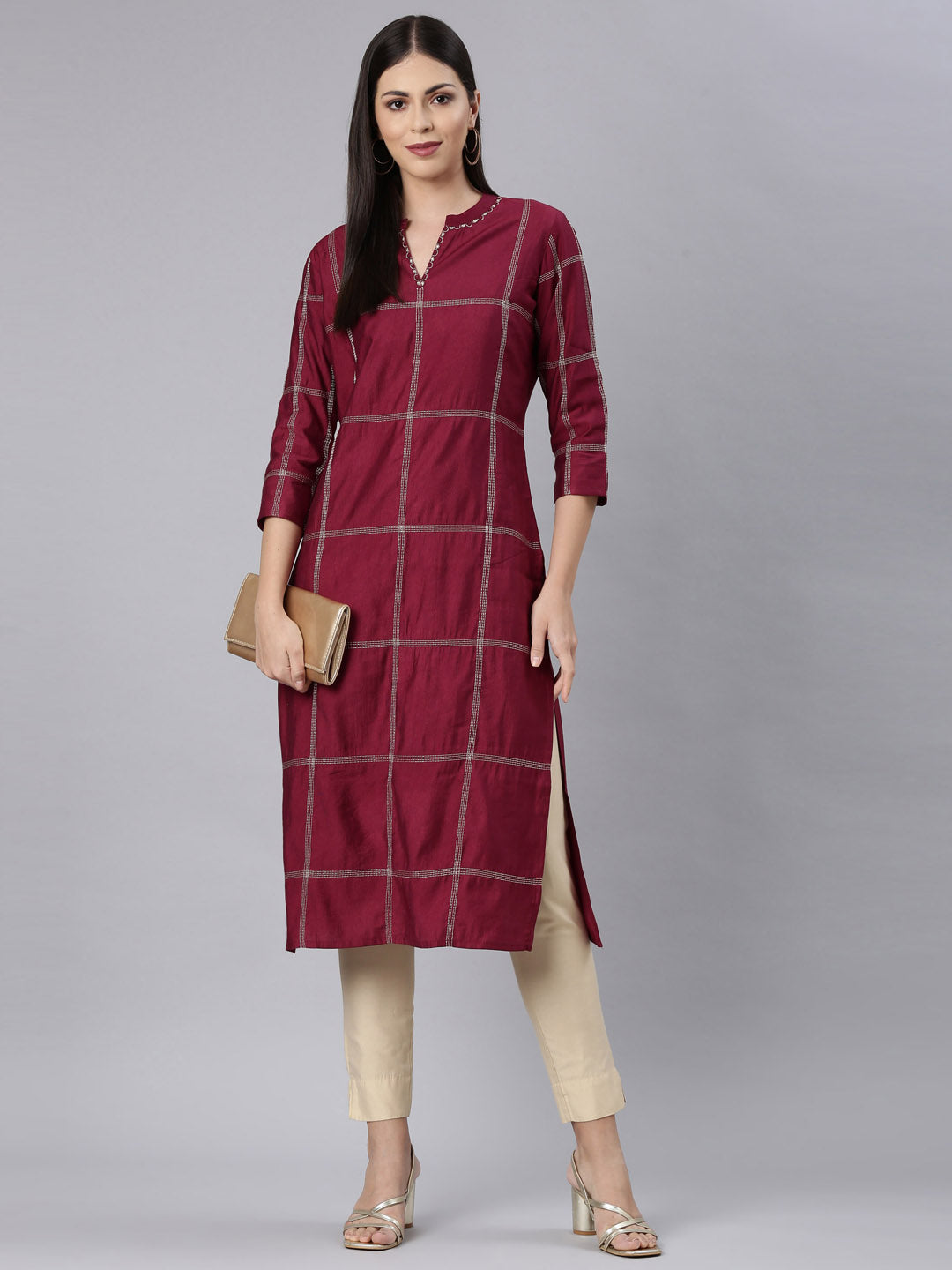 Neerus Maroon cotton solid straight kurti - detail view 3
