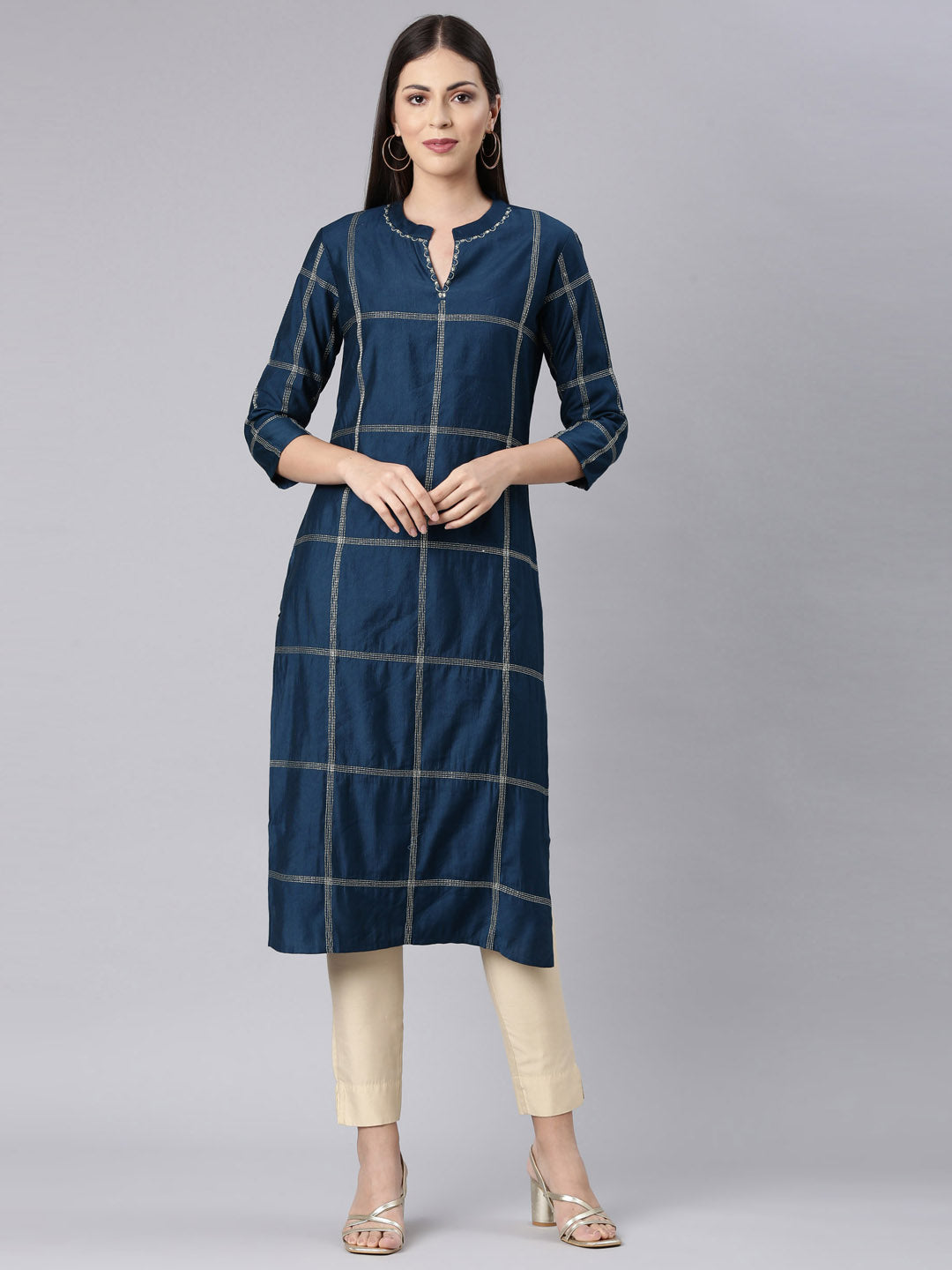 Neerus Blue cotton solid straight kurta - front view