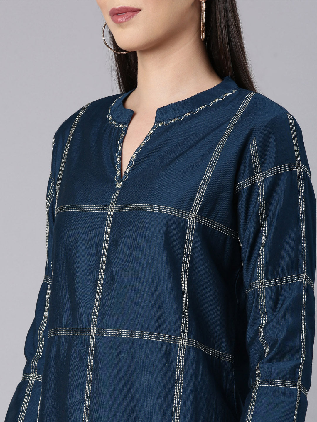 Neerus Blue cotton solid straight kurta - detail view 2