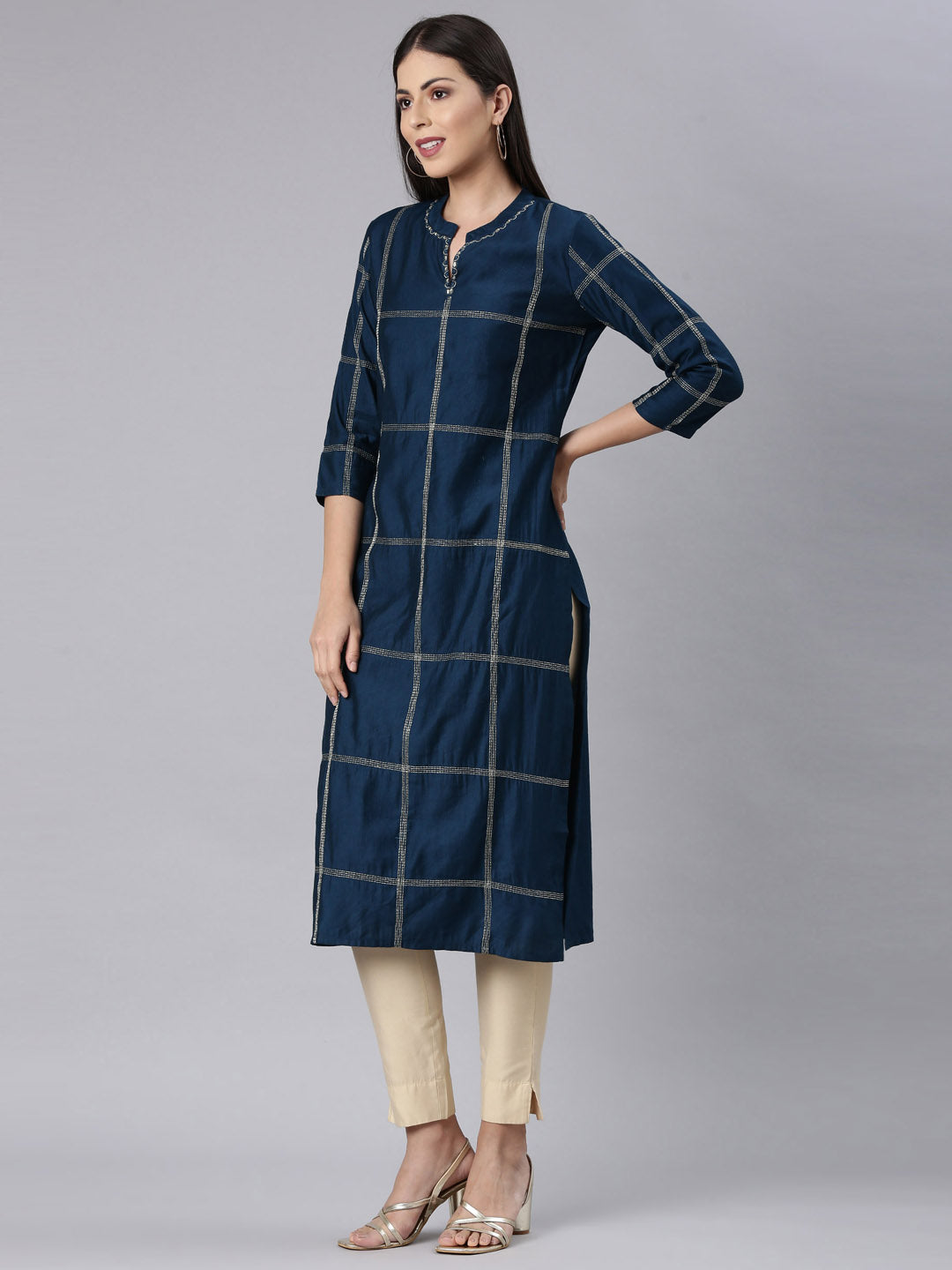 Neerus Blue cotton solid straight kurta - back view
