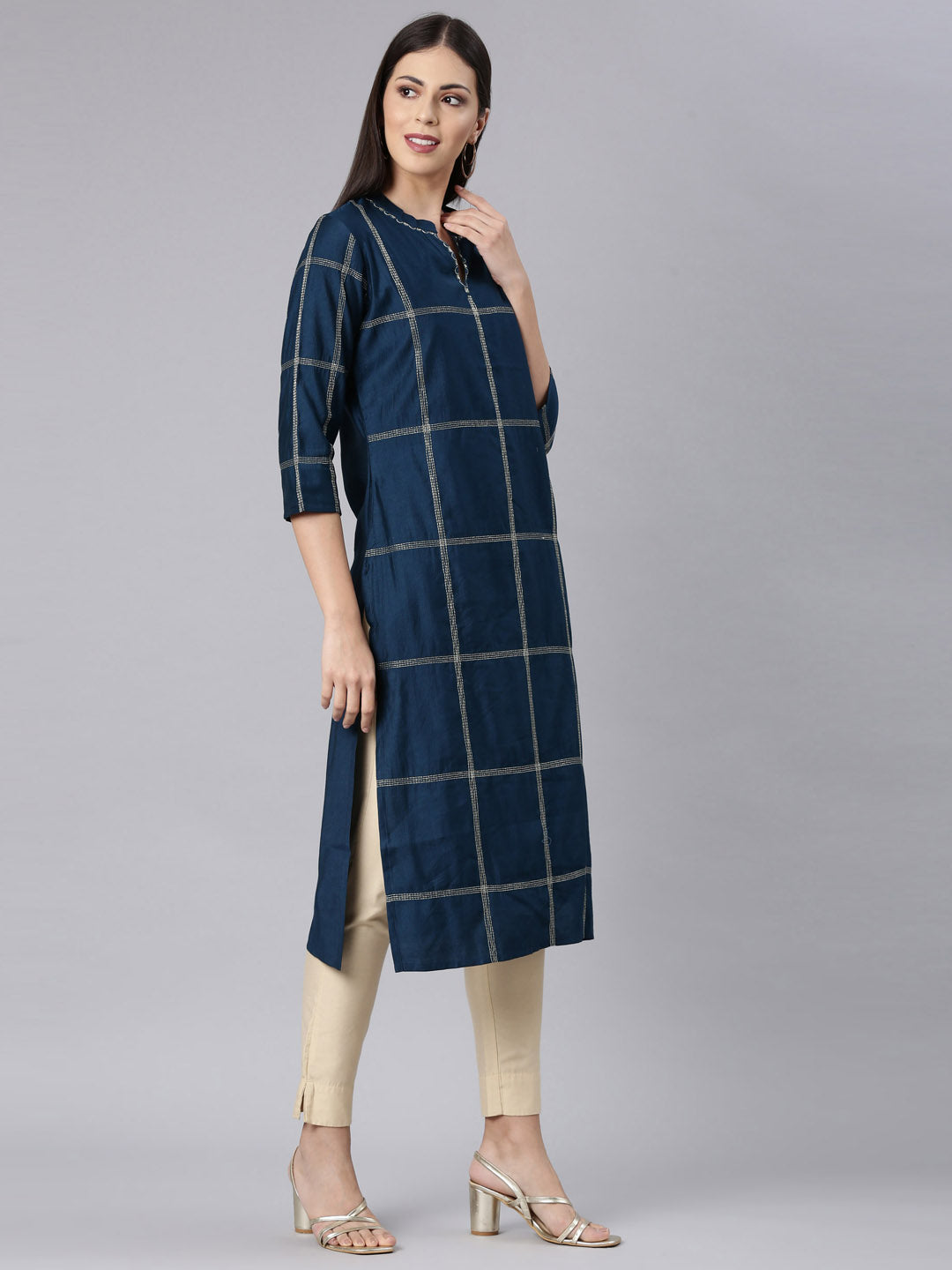 Neerus Blue cotton solid straight kurta - side view