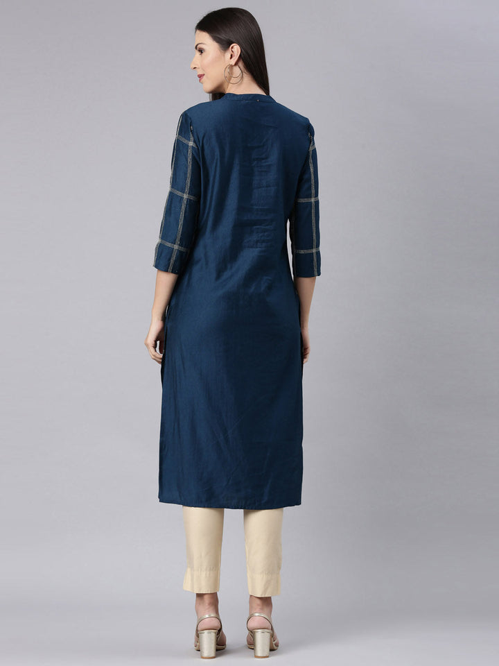 Neerus Blue cotton solid straight kurta - detail view 1