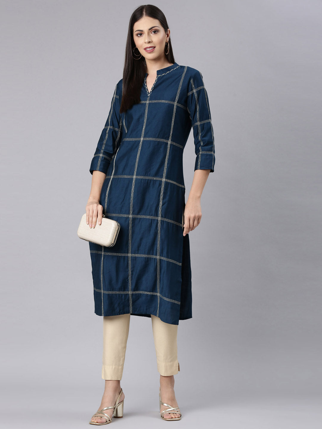 Neerus Blue cotton solid straight kurta - detail view 3