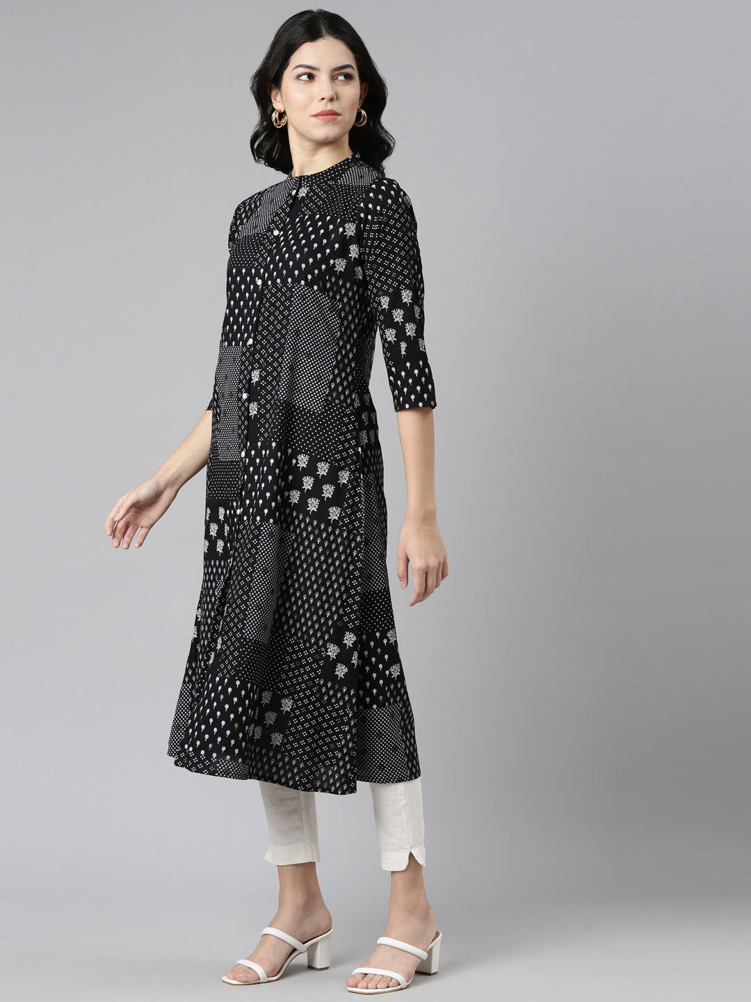 Neerus Black printed A-line kurti - back view
