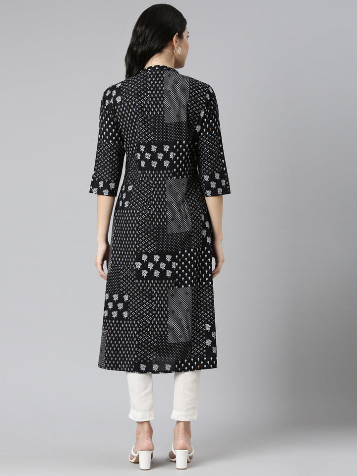Neerus Black printed A-line kurti - side view