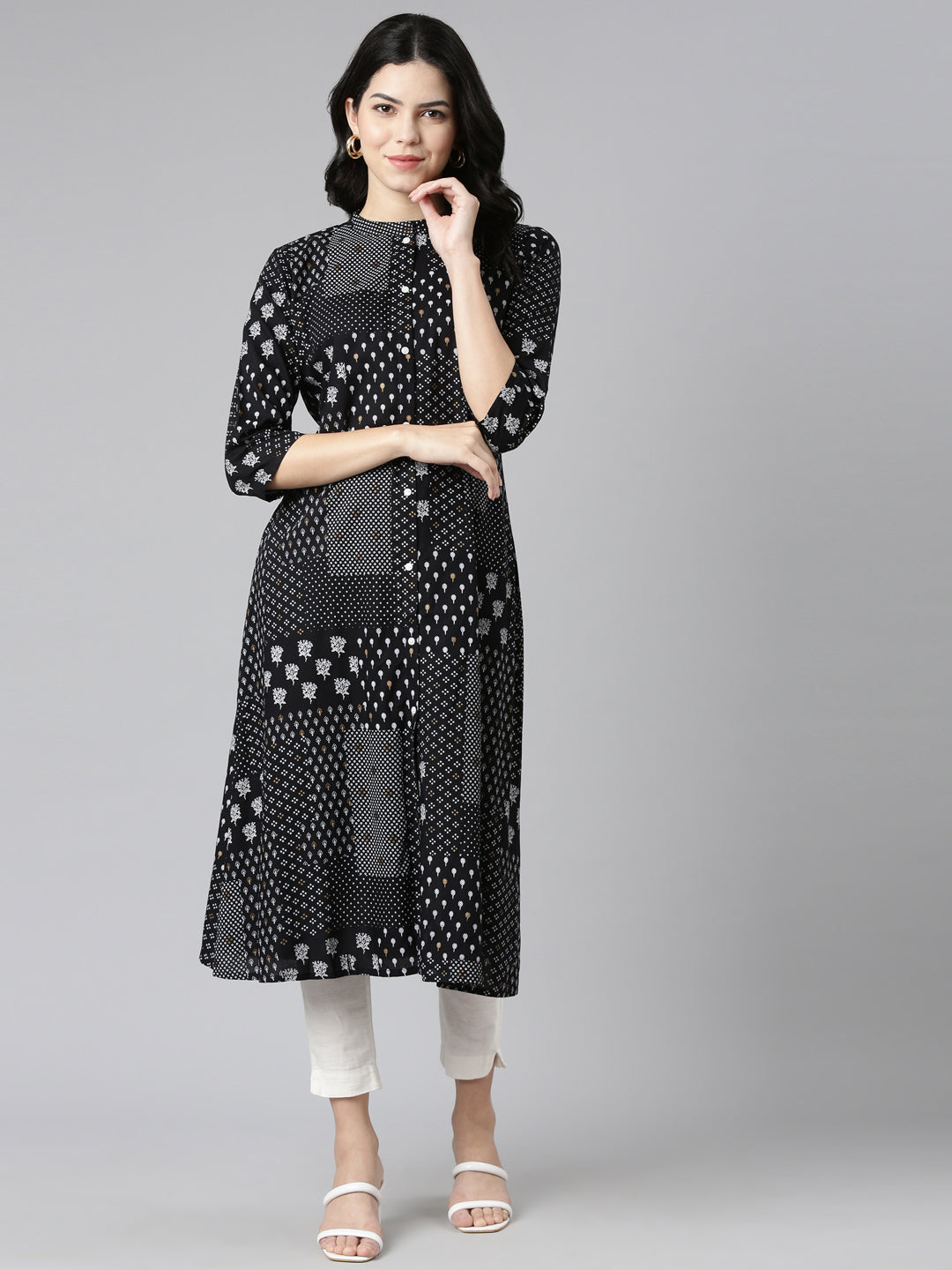 Neerus Black printed A-line kurti - detail view 2