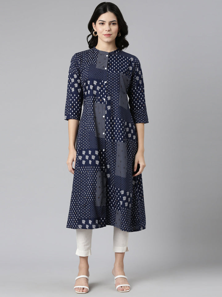 Neerus Blue printed A-Line kurti - front view