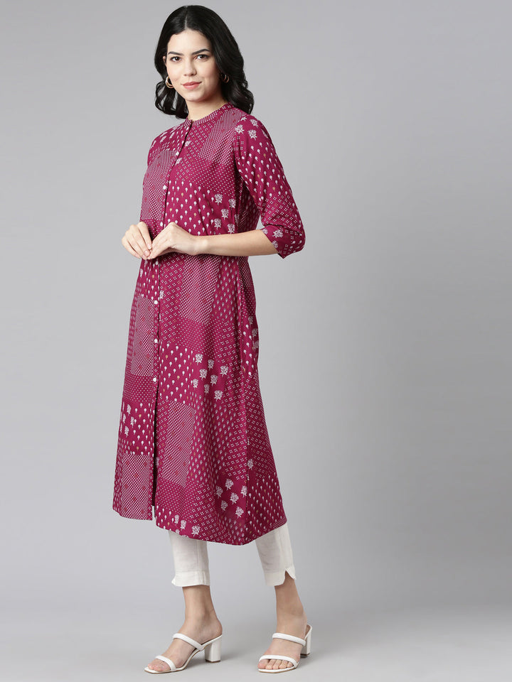 Neerus Purple printed A-line kurti - back view