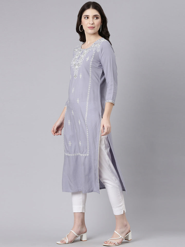 Neerus Grey rayon embroidered straight kurti - back view