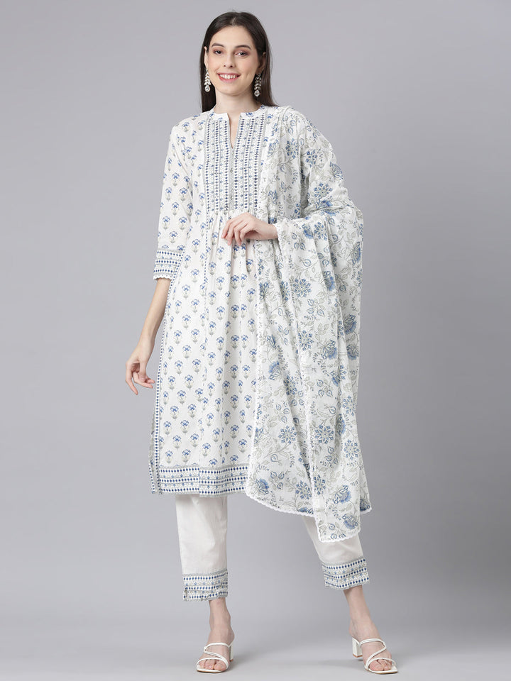 Neerus Blue Printed Straight Kurta and Trousers With Dupatta
