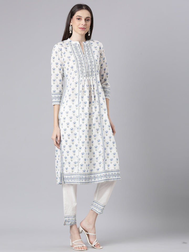 Neerus Blue Printed Straight Kurta and Trousers With Dupatta