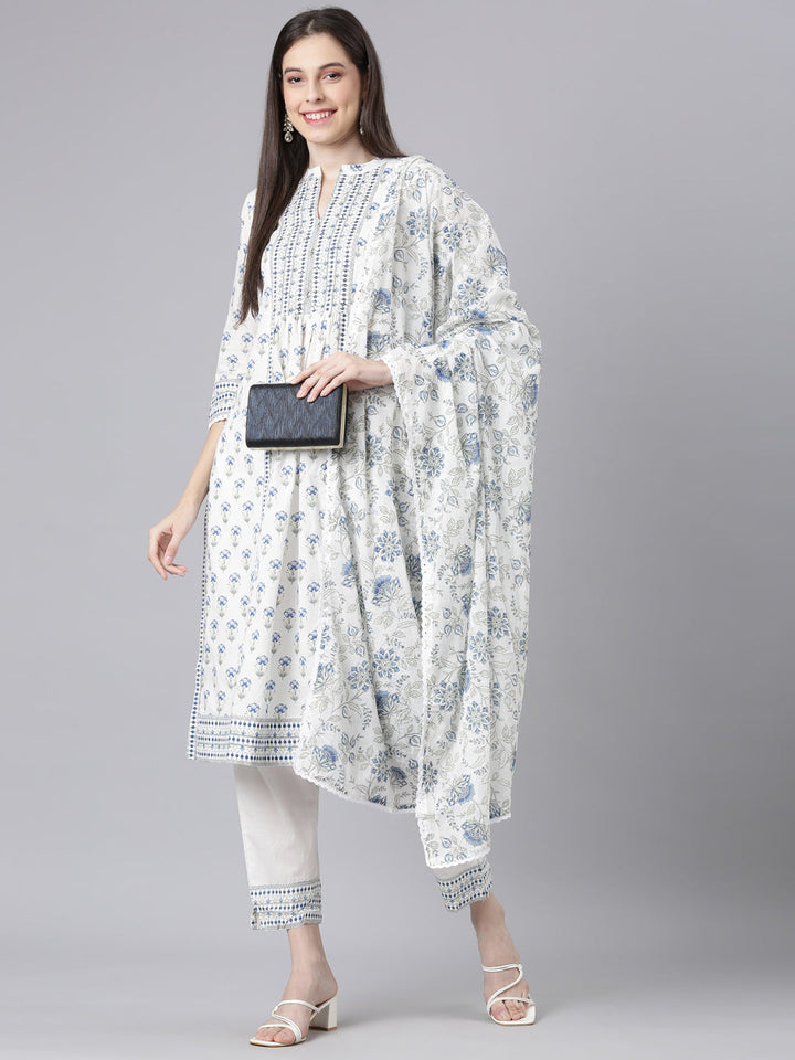Neerus Blue Printed Straight Kurta and Trousers With Dupatta