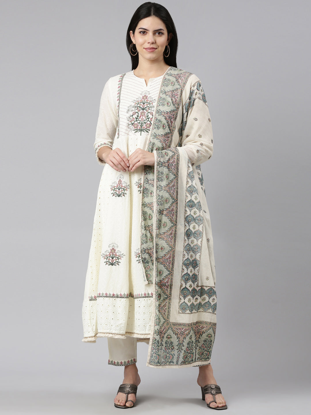 Neerus White cotton embroidered kurta set - front view