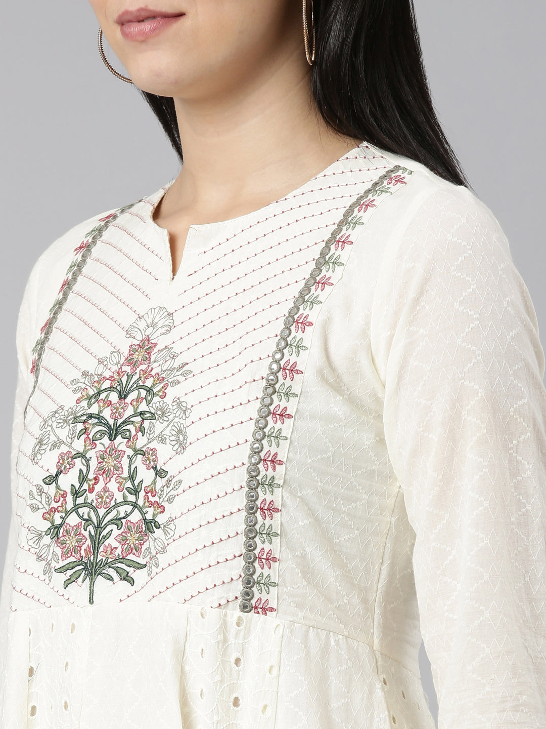 Neerus White cotton embroidered kurta set - detail view 1