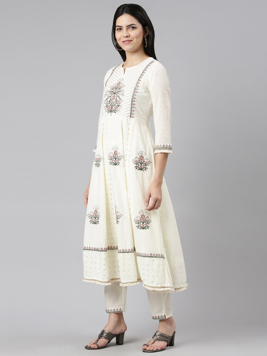 Neerus White cotton embroidered kurta set - back view