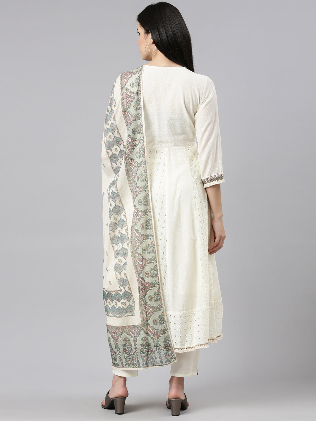 Neerus White cotton embroidered kurta set - side view