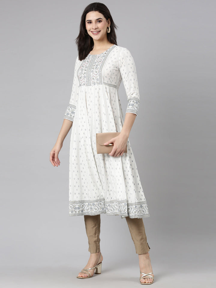 Neerus White slub cotton printed anarkali kurti - side view