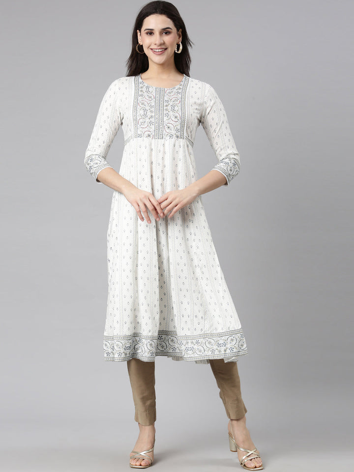 Neerus White slub cotton printed anarkali kurti - detail view 2