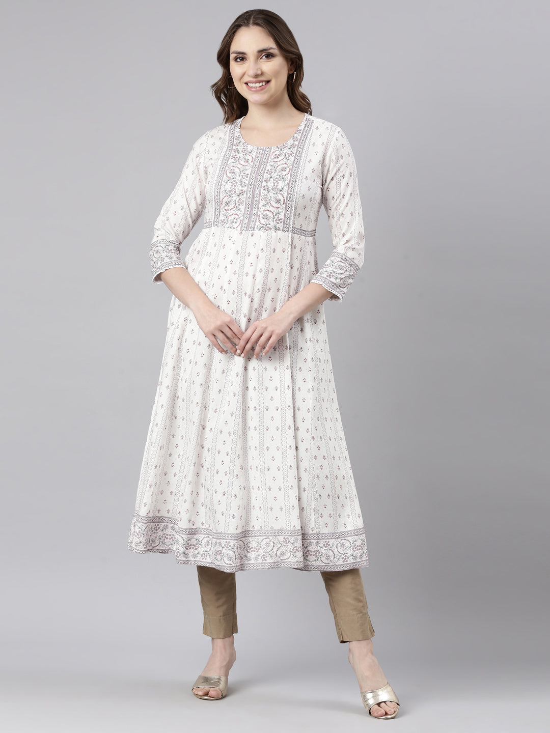 Neerus White floral printed anarkali kurti - front view