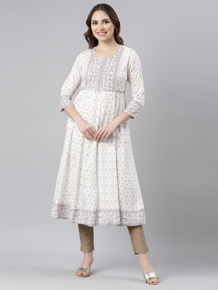 Neerus White floral printed anarkali kurti - front view