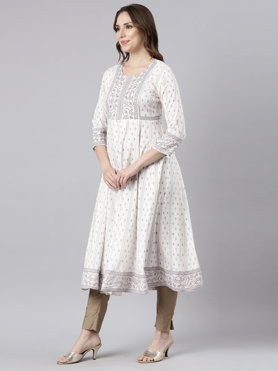 Neerus White floral printed anarkali kurti - back view
