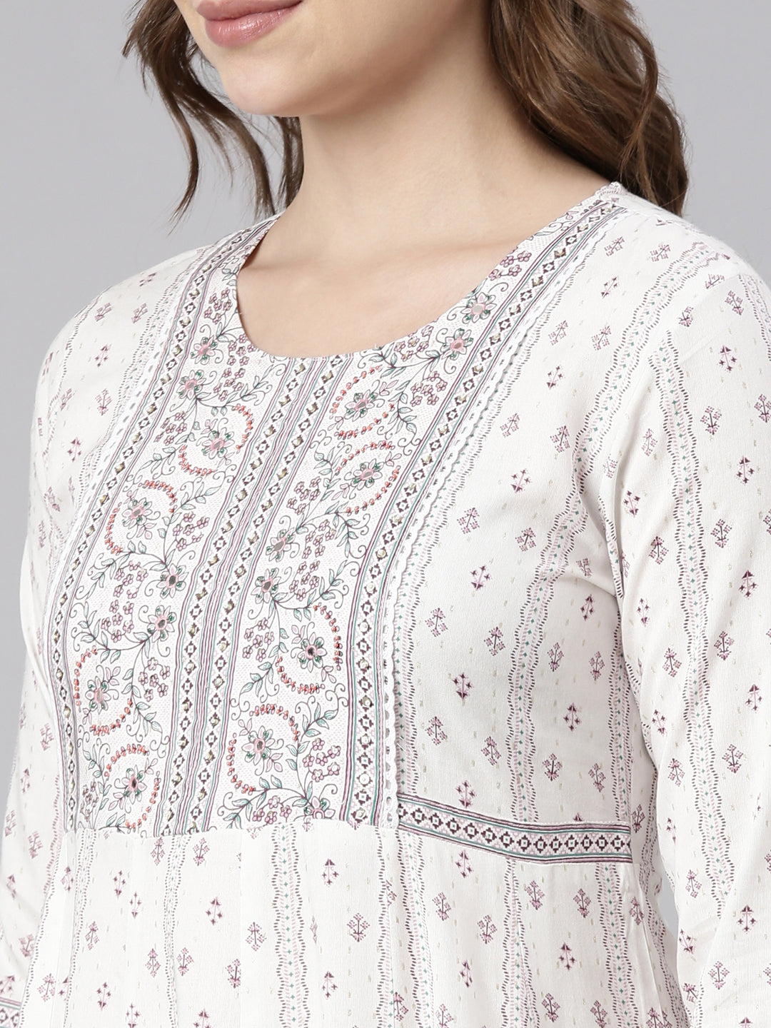 Neerus White floral printed anarkali kurti - detail view 1