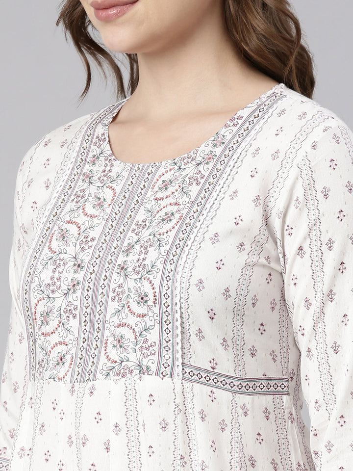Neerus White floral printed anarkali kurti - detail view 1