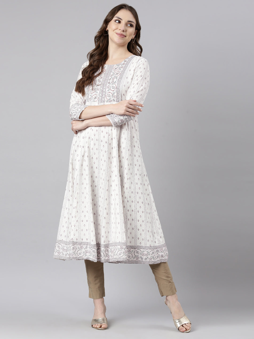 Neerus White floral printed anarkali kurti - detail view 2