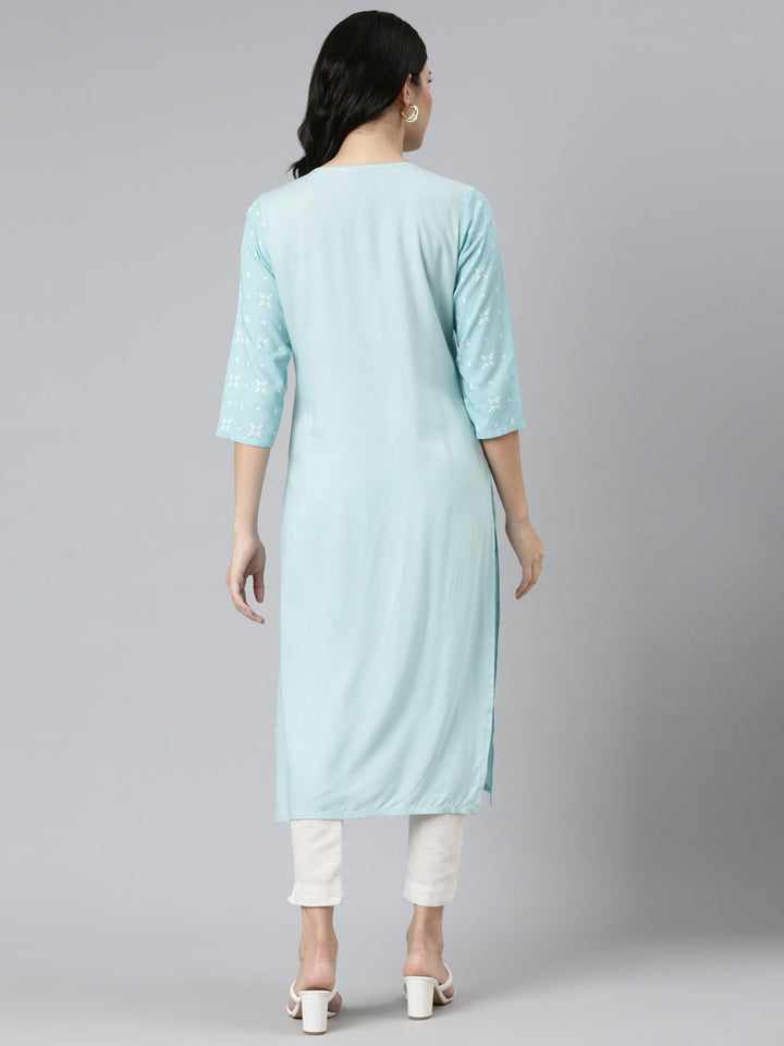 Neerus Blue printed straight kurti - side view