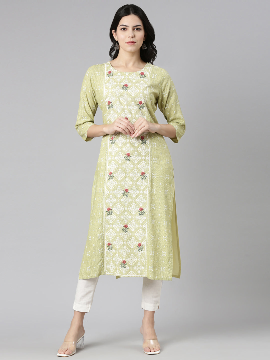 Neerus Green printed straight kurti - front view