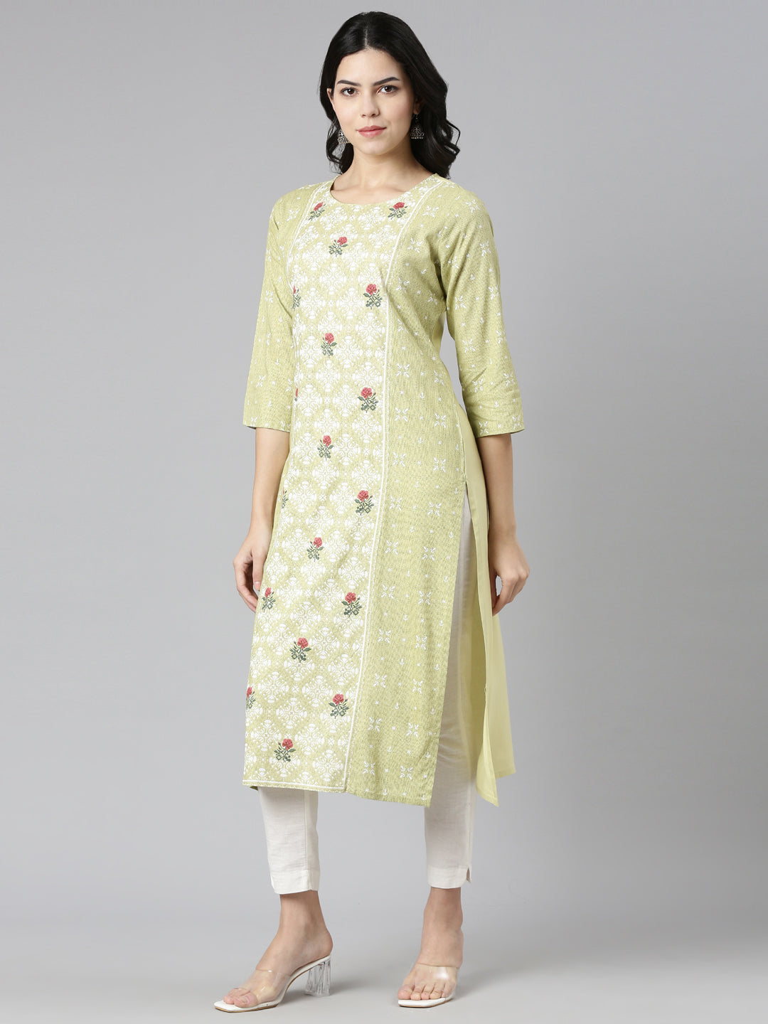 Neerus Green printed straight kurti - back view