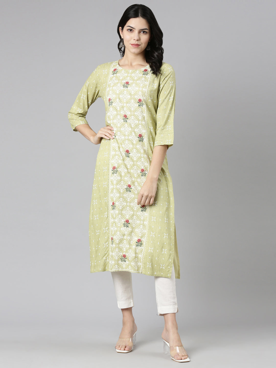 Neerus Green printed straight kurti - detail view 2