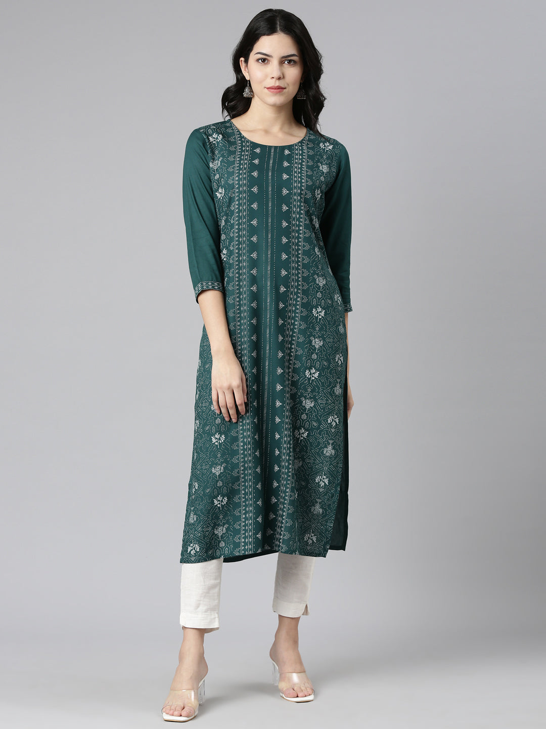 Neerus Green printed straight kurti - front view
